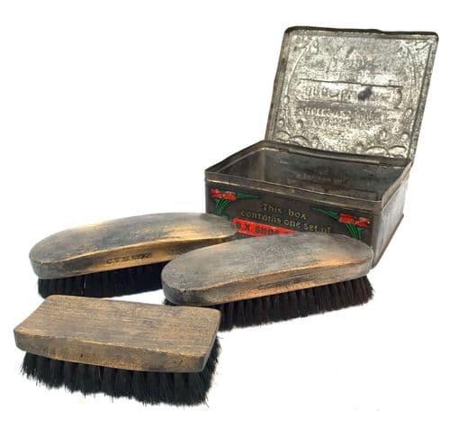 Antique Advertising - Shoe Polish Brush Tin by 'Brush Works' with Brushes / Boot