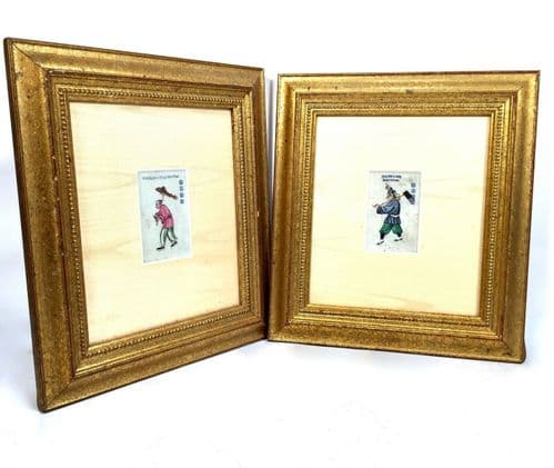 Antique Chinese Rice / Pith Paper Watercolour Painting Pair in Gold Frames