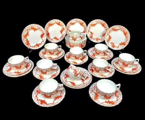 Antique Edwardian China Tea Set for 10 People / Orange & White / C.1900 / Trio