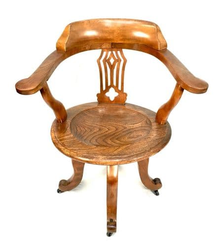 Antique Elm Wood Revolving Captains Desk Chair / Office Furniture c1900 Swivel