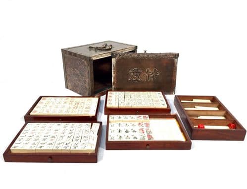 Antique French Bakelite Mahjong Set In Copper Travel Case / Box Mah Jong Game