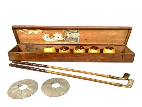 Antique Garden Game of 'Gofky' in Wooden Storage Box / Billiards / Golf Croquet