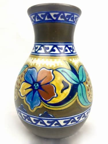 Antique Gouda Pottery Vase / 1925 Art Deco / Blue / Brown / Yellow / Dutch