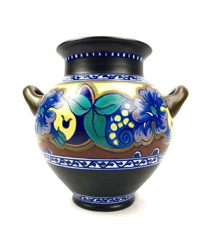 Antique Gouda Vase / Planter / Art Deco Dutch Pottery / Blue / Brown / Floral