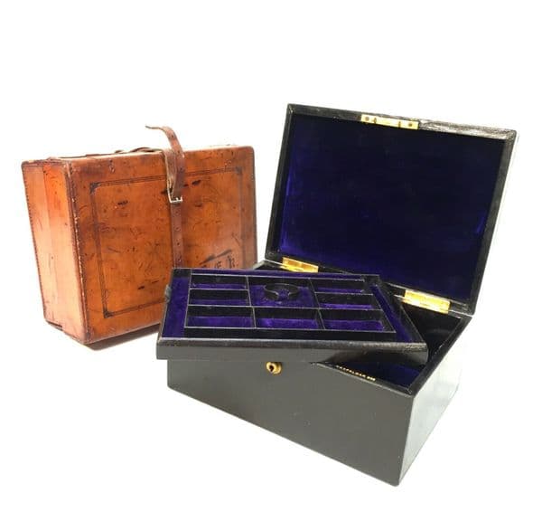 Antique Hill & Millard Campaign Leather Jewellery Box & Outer Travel Case c.1850
