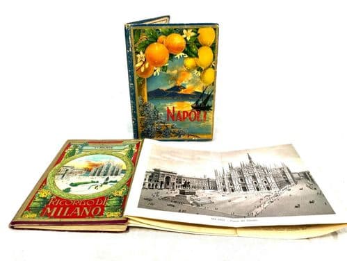 Antique Italian Travel Book Guide Pair for Milan and Napoli / Picture Postcards