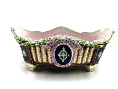 Antique Majolica Oval Planter / Victorian / Blue & Pink / Thomas Forrester