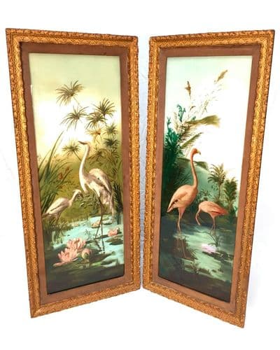 Antique Pair of Large Painted Glass Pictures / Framed / c1900 / Art / Birds