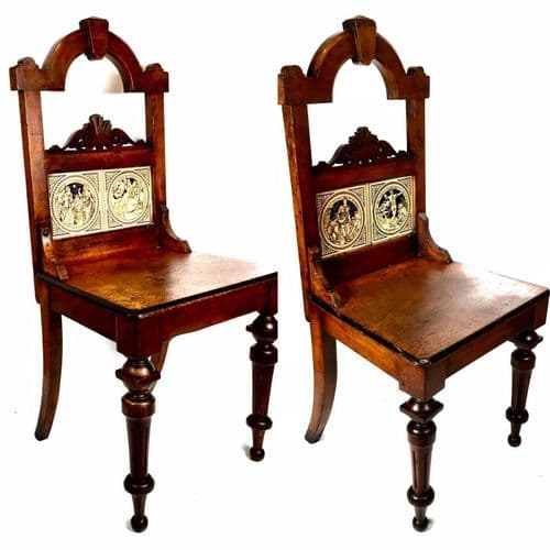 Antique Pair of Victorian Entrance Hall / Library Chairs & Minton Tiles 19th C.