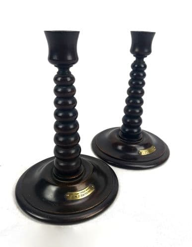 Antique Wood Barley Twist Candle Stick Pair Made From Timber From HMS Britannia