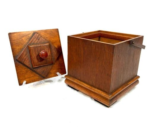 Antique Wooden Oak & Glazed Biscuit Barrel Box Storage / Art Deco