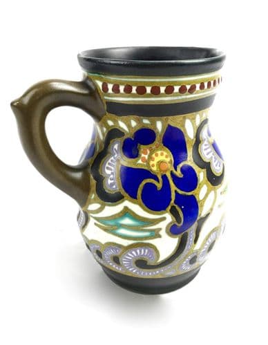 Art Deco Antique Gouda Pottery Jug / Vase / Pitcher / Blue Purple Brown / 1927