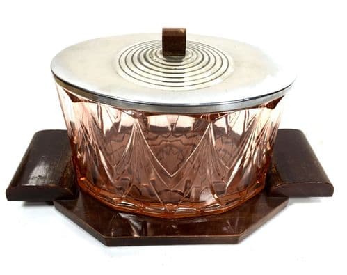 Art Deco Cranberry / Pink Glass Biscuit Barrel & Stand / Vanity Box / Antique