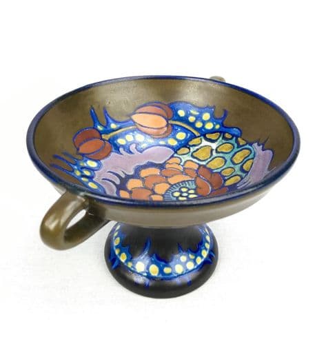 Gouda Pottery Pedestal Bowl / Vase / Blue / Brown / Yellow / Art Deco 1920's