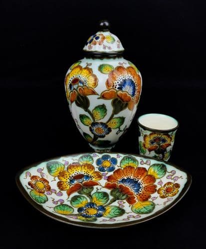 Gouda Pottery Set Of 3 - Jar / Vase / Plate / Regina / Cream / Yellow / 1950's