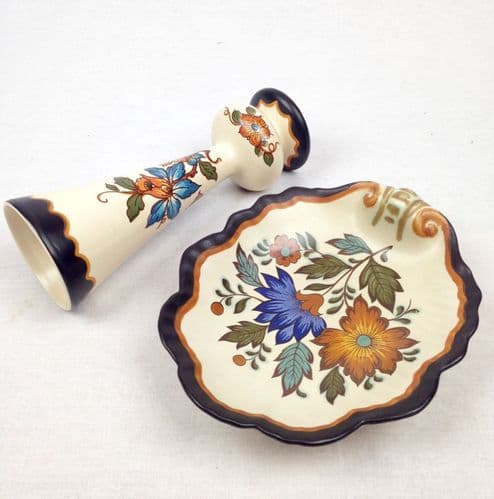 Gouda Pottery Vase And Pin Tray Pair Art Deco Flora Pattern Blue / Cream / Brown