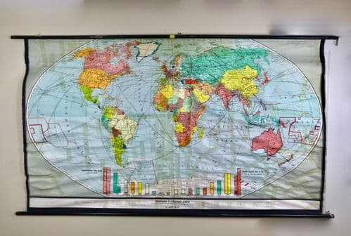 Karl Wenschow German 1950's Very Large Roll Down Canvas World Population Map
