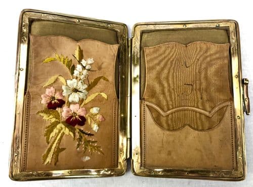 Ladies Edwardian Leather Purse / Silk Lined Embroidered Card Case / Brass