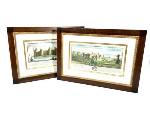 Pair of Framed Welsh Castle Prints - St Donats & Caernarfon, Wales / Antique