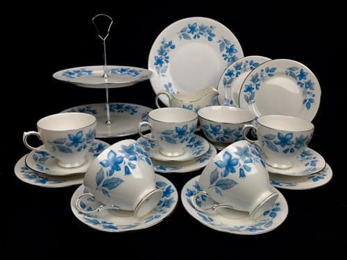 REDUCED Crown Essex Vintage Tea Set For 5 / Dubarry / Blue Floral / Cake Stand / Trios