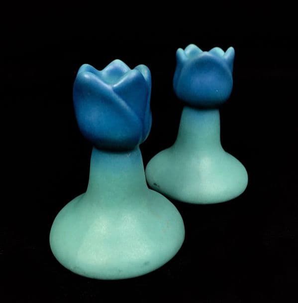 Van Briggle American Art Pottery Candle Stick Vase Pair Blue - 20th Century