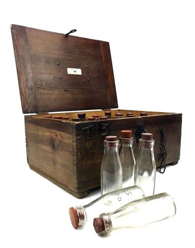 Vintage Scientific Equipment Lab Test Bottle Set By W & J George LTD Wooden Box