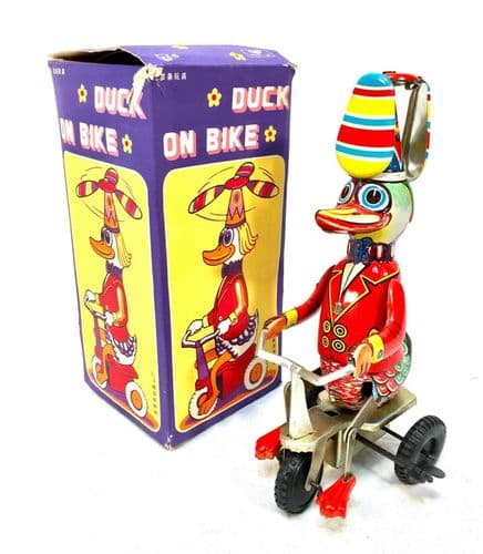Vintage Wind-up Clockwork Mechanical Wind-Up Duck on a Bike Toy / Boxed