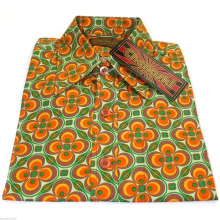 Chenaski Mens 60s 70s Dotsgrid Green Orange Psychedelic Pop Art Shirt VTG NEW