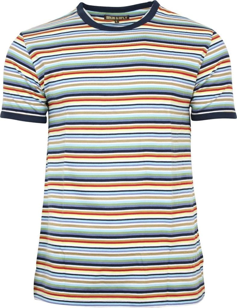 Mens Run & Fly Multi Coloured Retro Indie Striped Ringer T-Shirt 60s ...
