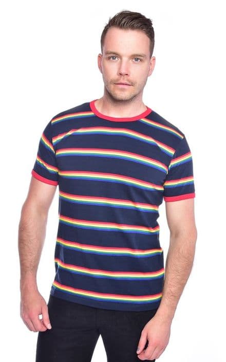 Mens Run & Fly Navy Retro Indie Rainbow Striped T-Shirt 60s 70s 80s 