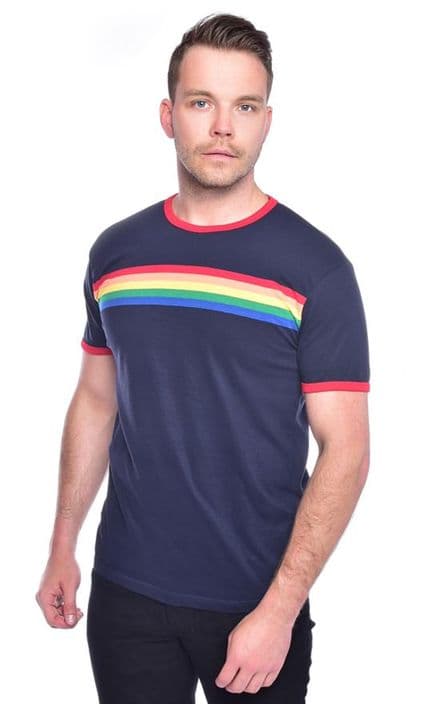 Mens Run & Fly Navy Retro Indie Rainbow Striped T-Shirt 60s 70s 80s 90s
