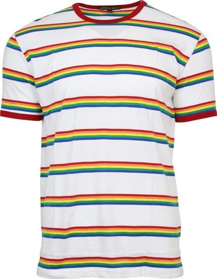 Mens Run & Fly White Ringer Retro Indie Rainbow Striped T-Shirt 60s 70s 80s 