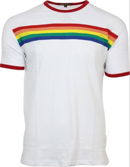 Mens Run & Fly White Ringer Retro Indie Rainbow Striped T-Shirt 60s 70s 80s 90s