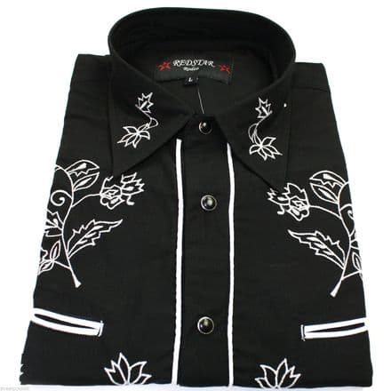 Relco Black Cowboy Western Line Dancing Flower Embroidered Shirt Red Star Rodeo