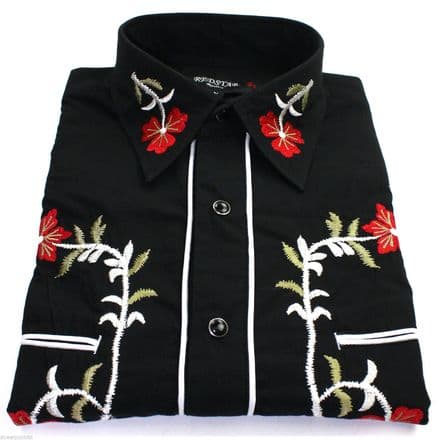 Relco Black Red Green Cowboy Western Line Dancing Flower Embroidered Shirt NEW