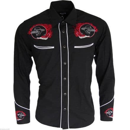 Relco Black Red Rockabilly Biker Western Cowboy Skull Flame Embroidered Shirt