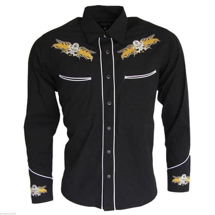 Relco Black Yellow Rockabilly Biker Western Skull Flamed Embroidered Shirt
