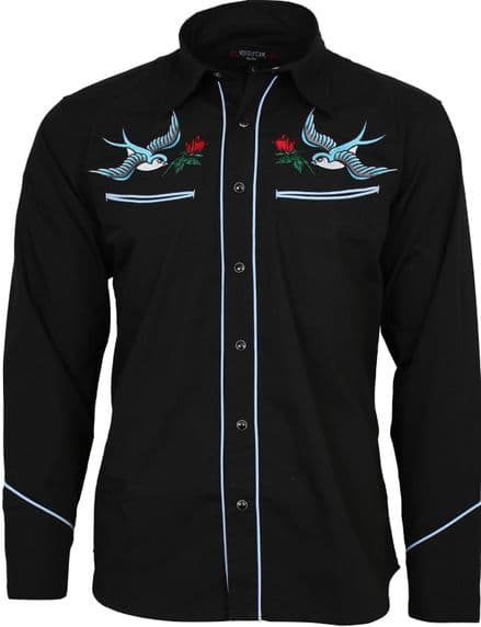 Relco Exclusive Tattoo Rockabilly Western Cowboy Swallow Rose Embroidered Shirt