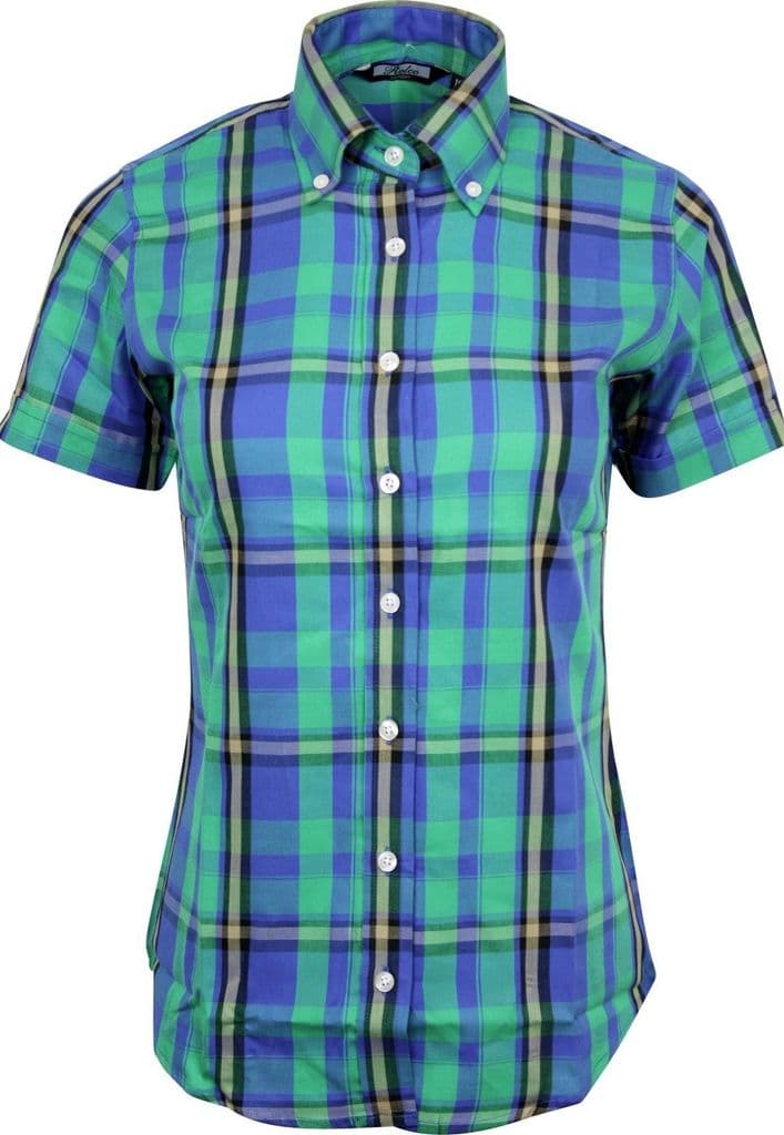 Relco Ladies Green Royal Tartan Check Short Sleeve Button Down Collar Shirt
