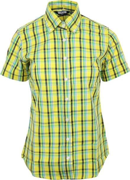 Relco Ladies Lemon Green Tartan Check Short Sleeve Button Down Collar Shirt