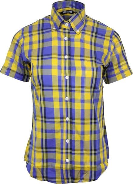 Relco Ladies Yellow Royal Tartan Check Short Sleeve Button Down Collar Shirt