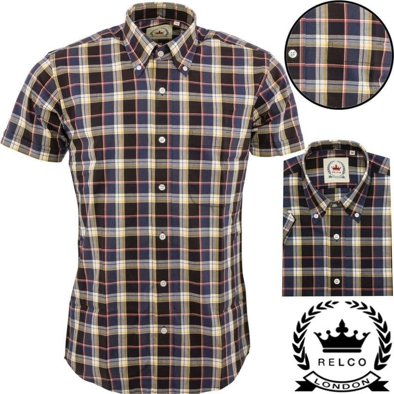 Relco Mens Black Blue Check Short Sleeve Button Down Shirt Spring '22 Range