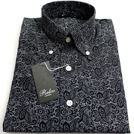 Relco Mens Black White Paisley Long Sleeved Shirt Mod Skin Retro Indie 60s 70s