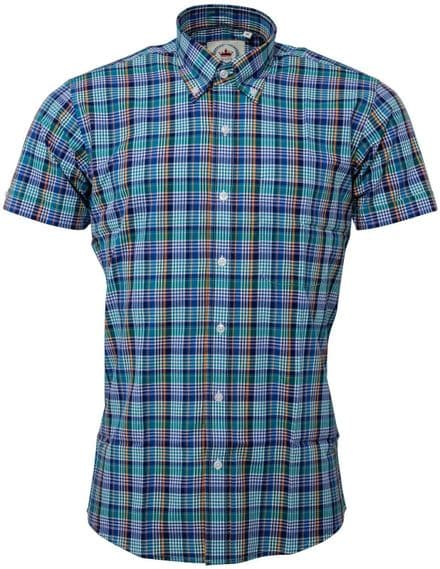 Relco Mens Blue Check Short Sleeve Shirt Button Down Collar Mod Tartan Retro NEW