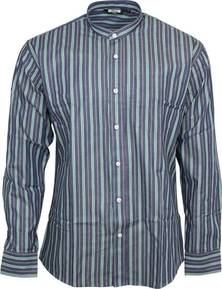 Relco Mens Classic Blue Green Striped Long Sleeved Grandad Shirt 50s 60s Retro