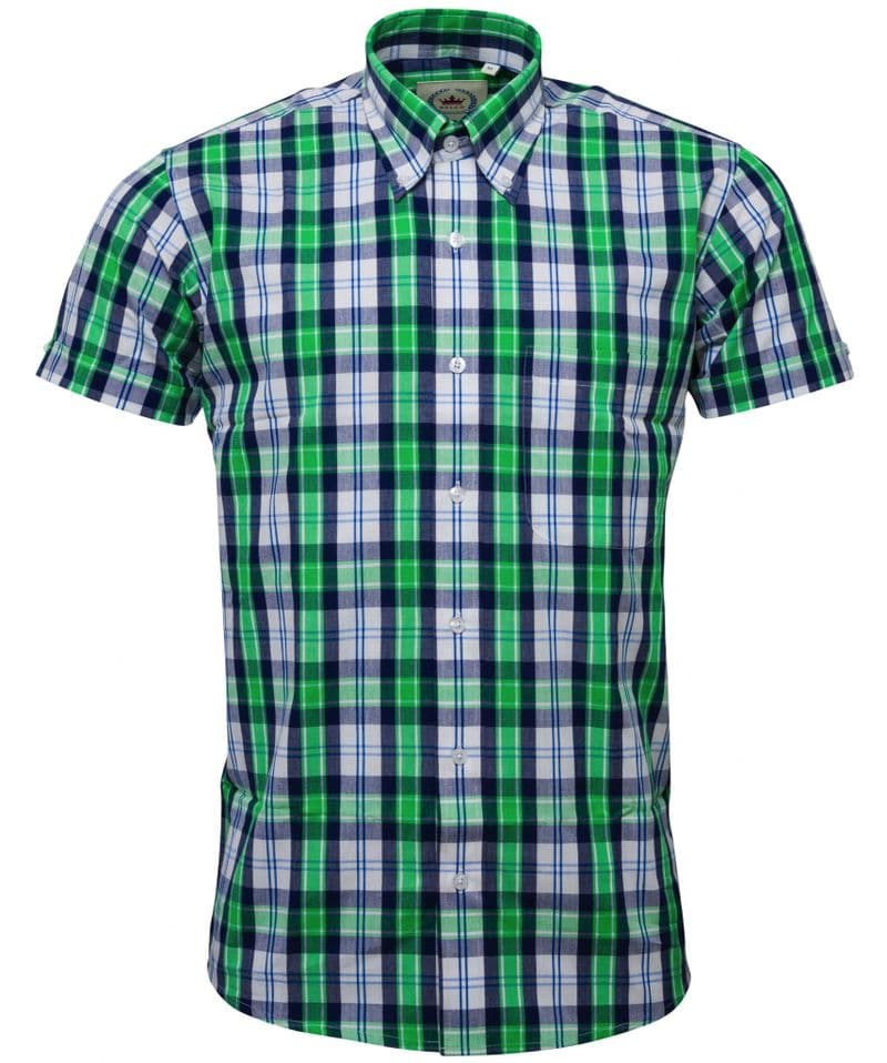 Relco Mens Green White Check Short Sleeve Button Down Shirt Spring '21 Range