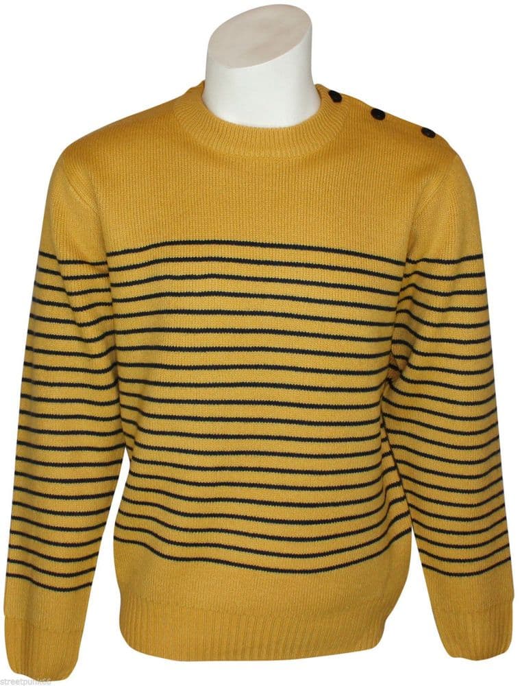 Relco Mens Mod Striped Naval Mustard Yellow Guernsey Knit Jumper Anchor ...