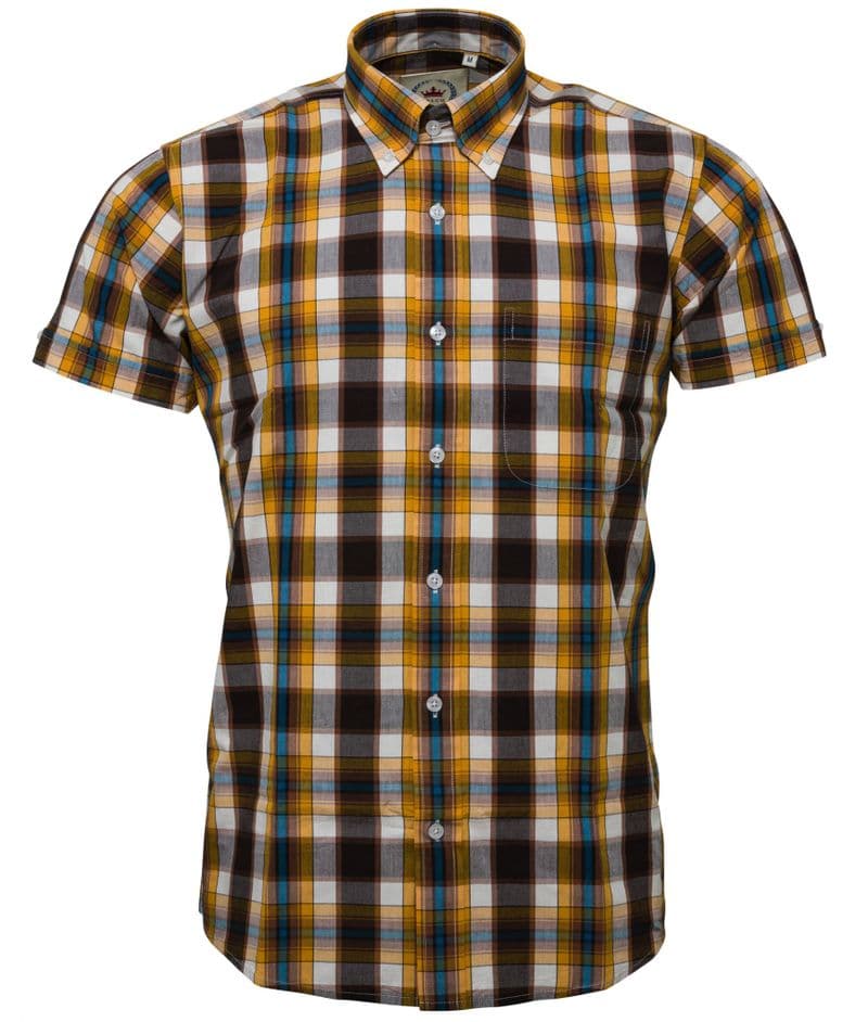 Relco Mens Mustard Brown Check Short Sleeve Button Down Shirt Spring '21 Range