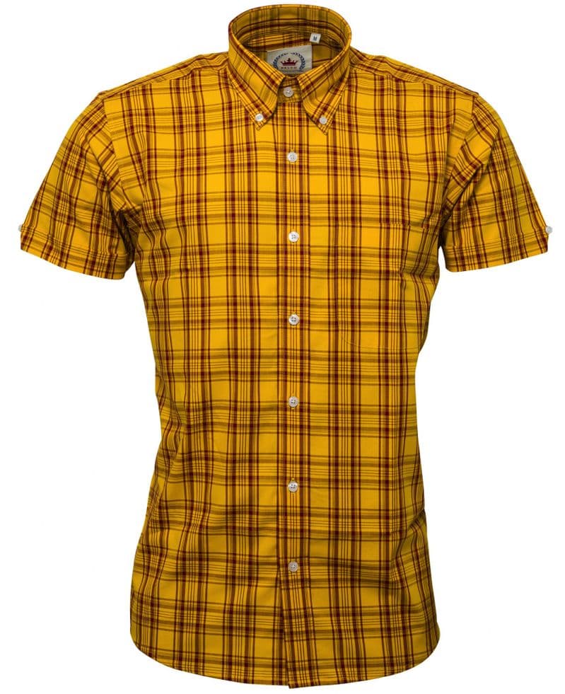 Relco Mens Mustard Check Short Sleeve Shirt Button Down Collar Mod Tartan Retro