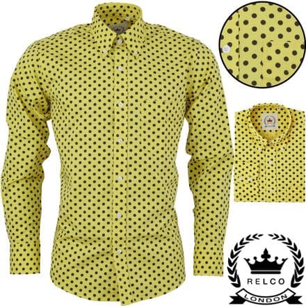 Relco Mens Mustard Yellow Polka Dot Long Sleeved Shirt Mod Skin Retro Indie 60s